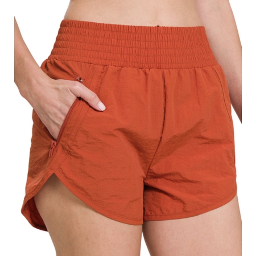 ZENANA Windbreaker Smocked High Waistband Running Shorts